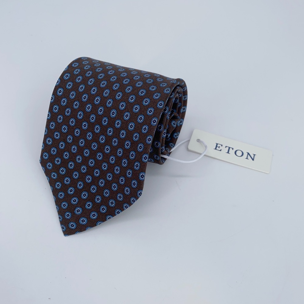 Eton Tie‎ Mens One Size Brown Blue Patterned Silk Classic Necktie Italy Made NWT